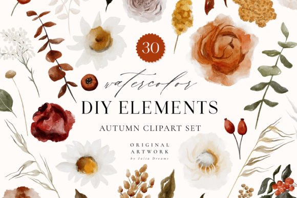 Download Autumn Watercolor Flower Digital Clipart - Flow Collection